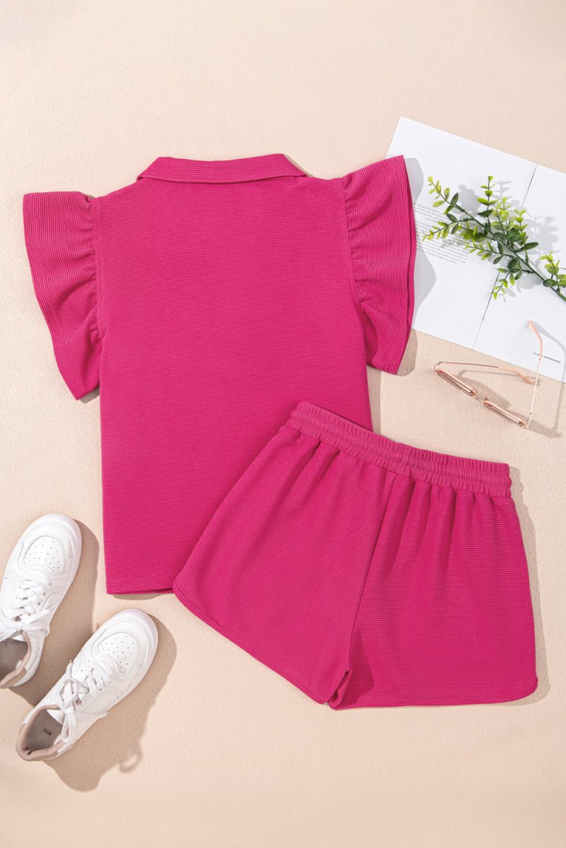 Strawberry Pink Striped Detail Flutter Sleeve Zipped Collar Short Set - Love Salve
